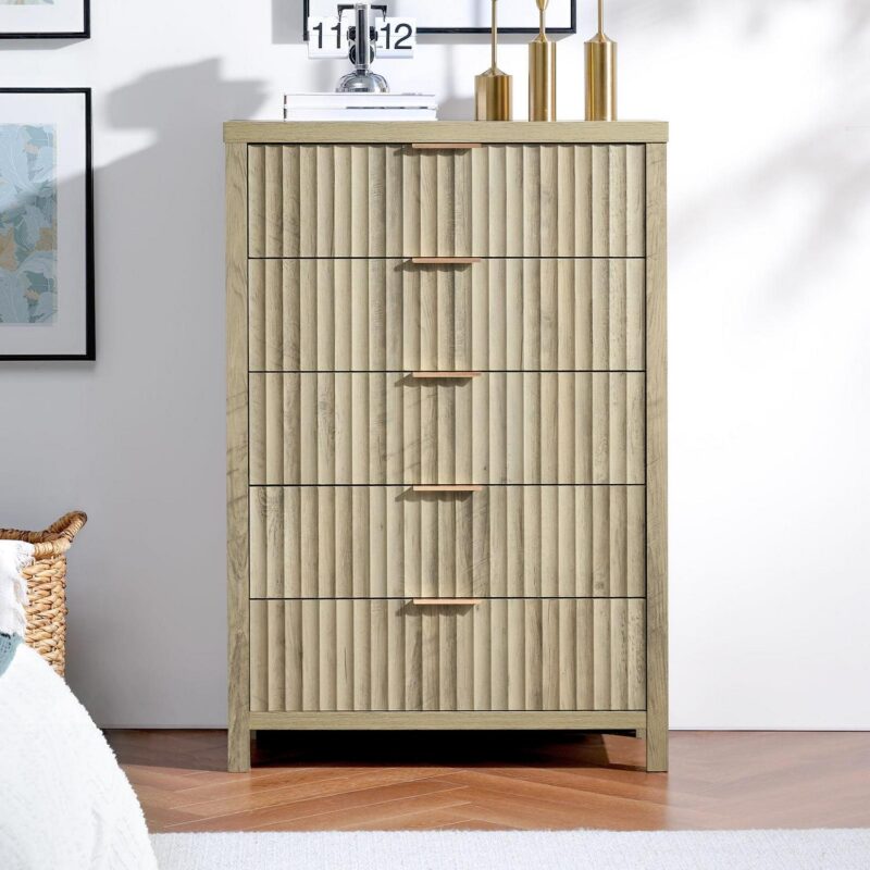 OAKHAM 5 Drawer Dresser, Fluted Vertical Chest of Drawers for Bedroom Living Room, Sunwashed Ash Oak - Image 6