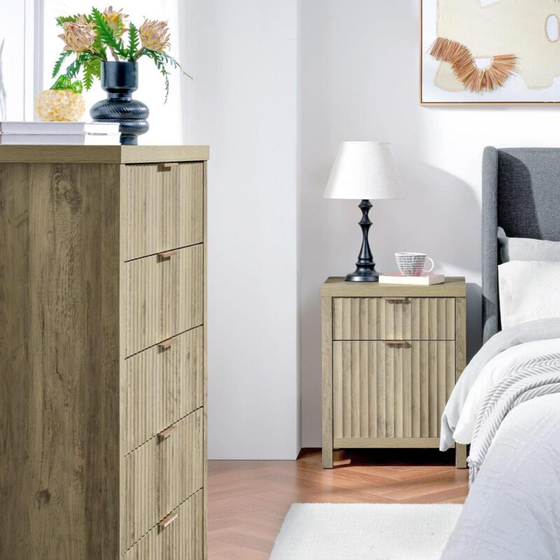 OAKHAM 5 Drawer Dresser, Fluted Vertical Chest of Drawers for Bedroom Living Room, Sunwashed Ash Oak - Image 3