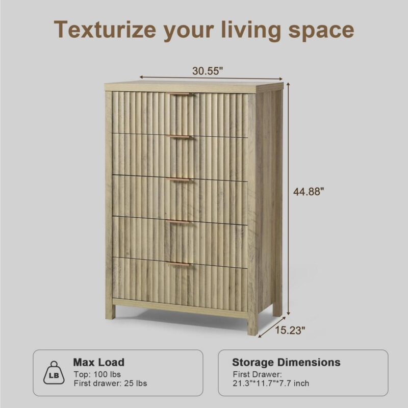 OAKHAM 5 Drawer Dresser, Fluted Vertical Chest of Drawers for Bedroom Living Room, Sunwashed Ash Oak - Image 2