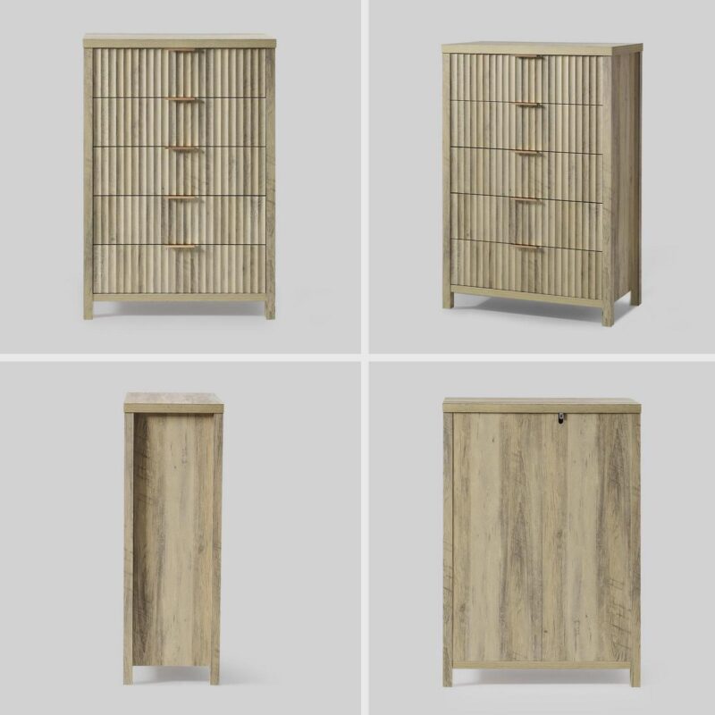 OAKHAM 5 Drawer Dresser, Fluted Vertical Chest of Drawers for Bedroom Living Room, Sunwashed Ash Oak - Image 7