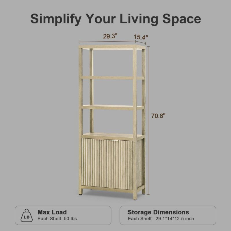 OAKHAM 5 Shelf Bookshelf with Doors, 71  Tall Bookcase with Storage Cabinet, Sunwashed Ask Oak - Image 5