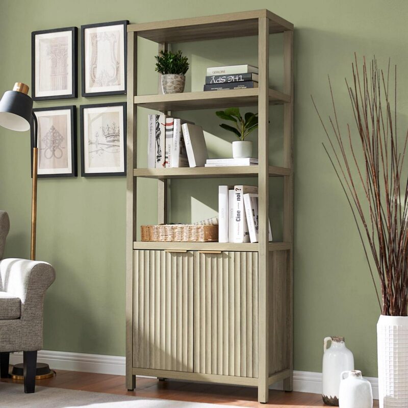 OAKHAM 5 Shelf Bookshelf with Doors, 71  Tall Bookcase with Storage Cabinet, Sunwashed Ask Oak