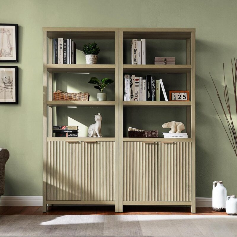 OAKHAM 5 Shelf Bookshelf with Doors, 71  Tall Bookcase with Storage Cabinet, Sunwashed Ask Oak - Image 3