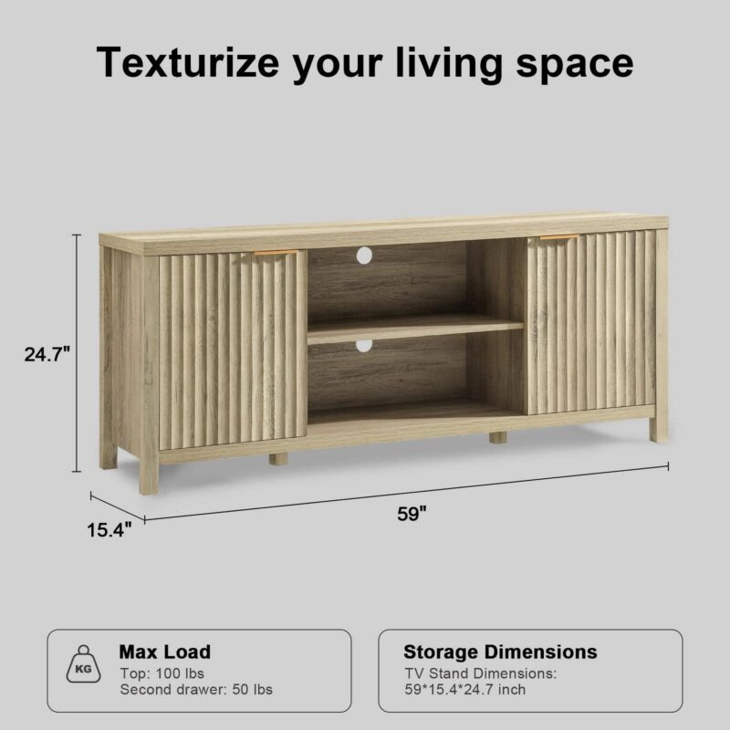 OAKHAM Fluted Tv Stands, Entertainment Center for 65 Inch Tv, Modern Farmhouse TV Console with Doors Cabinet, Media Console with Storage, Sunwashed Ash Oak - Image 4