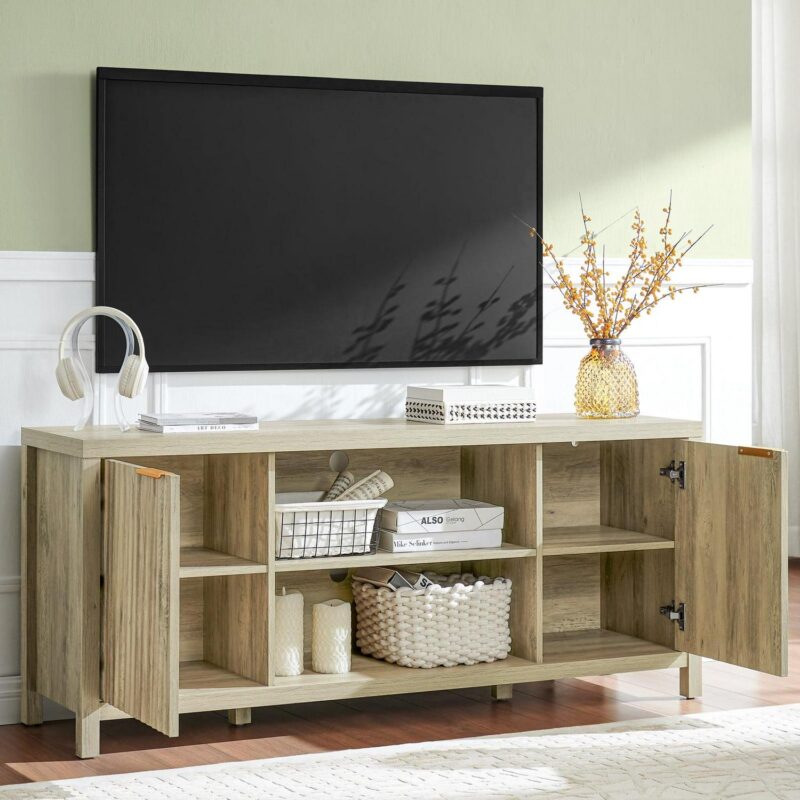 OAKHAM Fluted Tv Stands, Entertainment Center for 65 Inch Tv, Modern Farmhouse TV Console with Doors Cabinet, Media Console with Storage, Sunwashed Ash Oak - Image 6