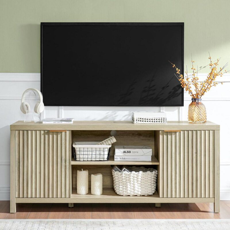 OAKHAM Fluted Tv Stands, Entertainment Center for 65 Inch Tv, Modern Farmhouse TV Console with Doors Cabinet, Media Console with Storage, Sunwashed Ash Oak - Image 2