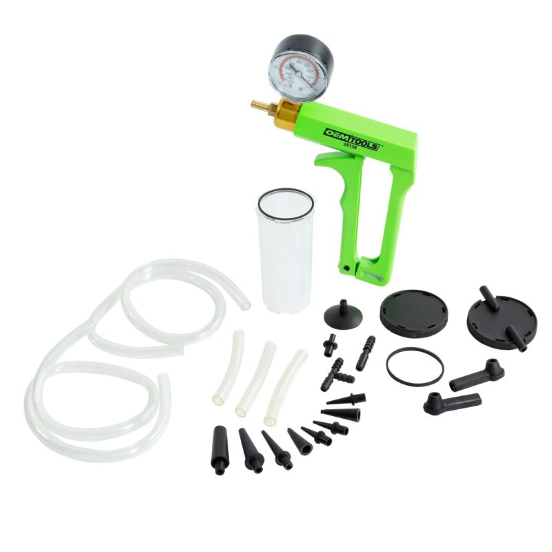 OEMTOOLS 25136 Automotive Tune-Up and Brake Bleed Kit w/ Vacuum Gauge, No-Mess, No-Leak Brake Bleeder Kit Adapters, Green Hand Vacuum Tester