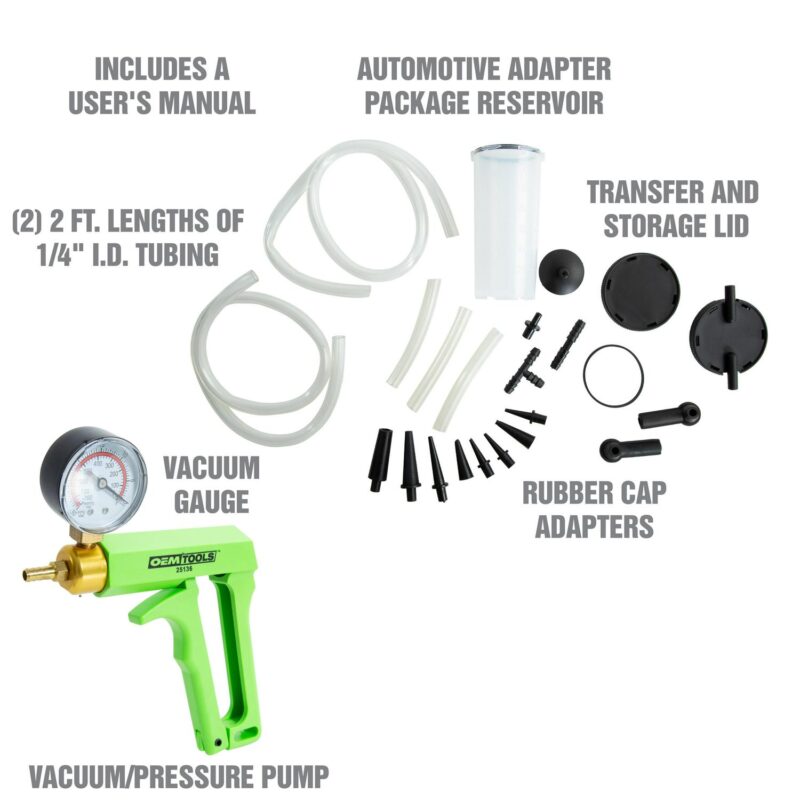 OEMTOOLS 25136 Automotive Tune-Up and Brake Bleed Kit w/ Vacuum Gauge, No-Mess, No-Leak Brake Bleeder Kit Adapters, Green Hand Vacuum Tester - Image 3