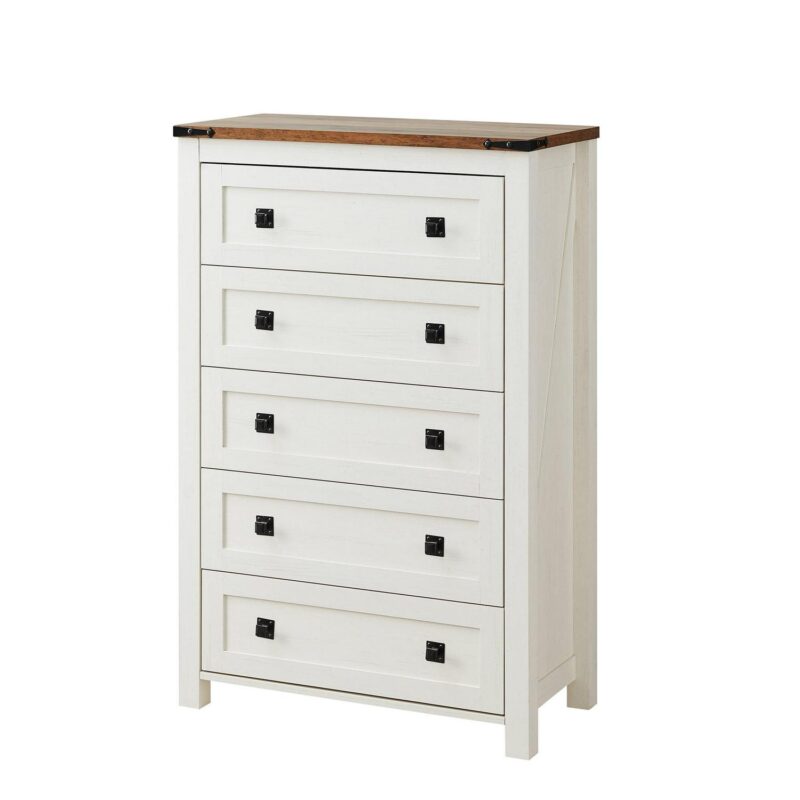 OKD 5 Drawers Dresser Chests for Home Bedroom, Farmhouse Wood Rustic Tall Chest of Drawers, Pull Storage Cabinet, off White - Image 7
