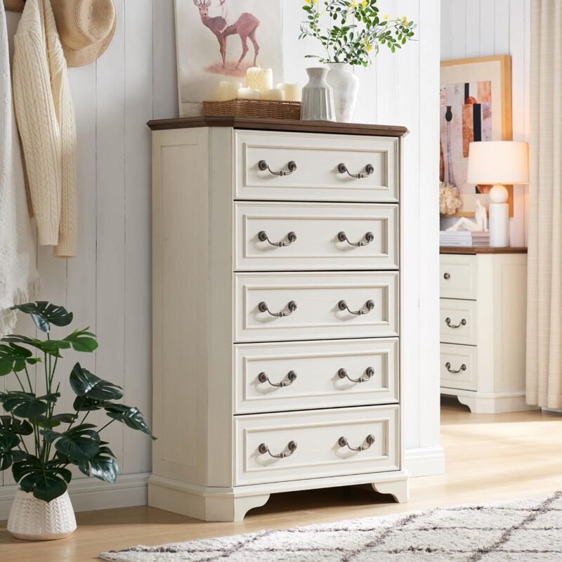 OKD 5 Drawers Dresser Chests for Bedroom, Farmhouse Wood Rustic Tall Chest of Drawers, Organizer for Living Room, Antique White