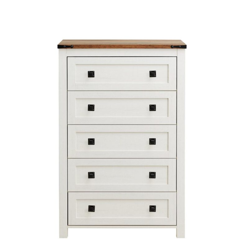 OKD 5 Drawers Dresser Chests for Home Bedroom, Farmhouse Wood Rustic Tall Chest of Drawers, Pull Storage Cabinet, off White - Image 8