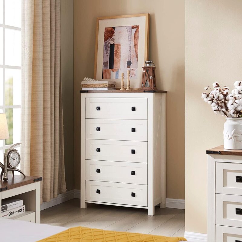OKD 5 Drawers Dresser Chests for Home Bedroom, Farmhouse Wood Rustic Tall Chest of Drawers, Pull Storage Cabinet, off White - Image 6