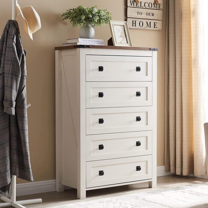 OKD 5 Drawers Dresser Chests for Home Bedroom, Farmhouse Wood Rustic Tall Chest of Drawers, Pull Storage Cabinet, off White
