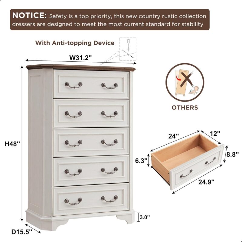 OKD 5 Drawers Dresser Chests for Bedroom, Farmhouse Wood Rustic Tall Chest of Drawers, Organizer for Living Room, Antique White - Image 6