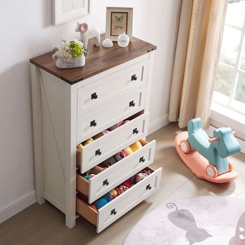 OKD 5 Drawers Dresser Chests for Home Bedroom, Farmhouse Wood Rustic Tall Chest of Drawers, Pull Storage Cabinet, off White - Image 3