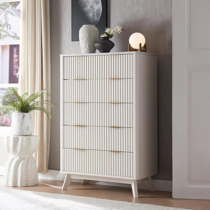 OKD 5 Drawers White Dresser with Faux Marble Top, Modern Storage Cabinet for Bedroom, Chest of Drawers Wood Organizer for Living Room - Image 2