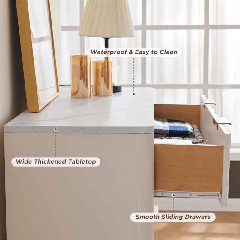 OKD 5 Drawers White Dresser with Faux Marble Top, Modern Storage Cabinet for Bedroom, Chest of Drawers Wood Organizer for Living Room - Image 5