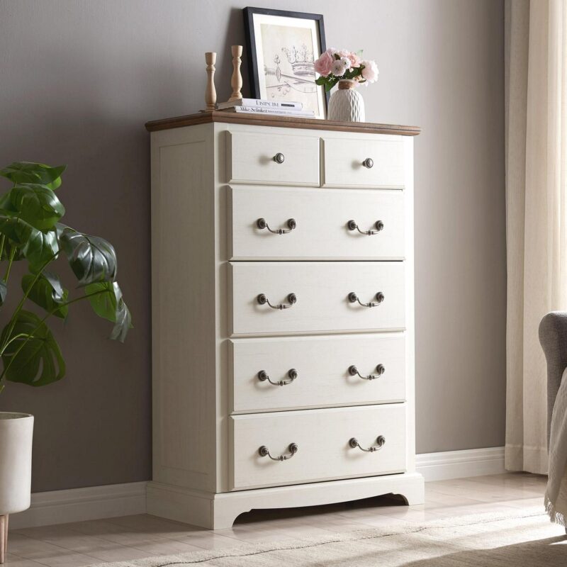 OKD 6 Drawer Dresser Chests for Bedroom , 48  Tall Chests Storage Cabinet, Farmhouse Wood Rustic Dresser for Bedroom, Living Room, Antique White - Image 3