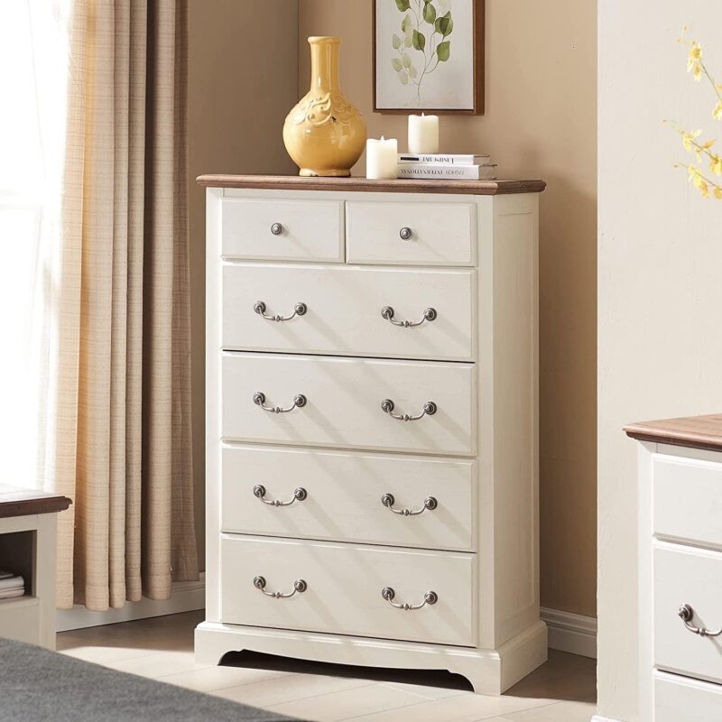 OKD 6 Drawer Dresser Chests for Bedroom , 48  Tall Chests Storage Cabinet, Farmhouse Wood Rustic Dresser for Bedroom, Living Room, Antique White