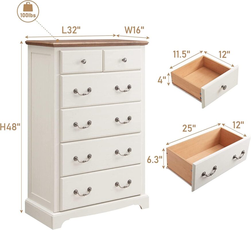 OKD 6 Drawer Dresser Chests for Bedroom , 48  Tall Chests Storage Cabinet, Farmhouse Wood Rustic Dresser for Bedroom, Living Room, Antique White - Image 4
