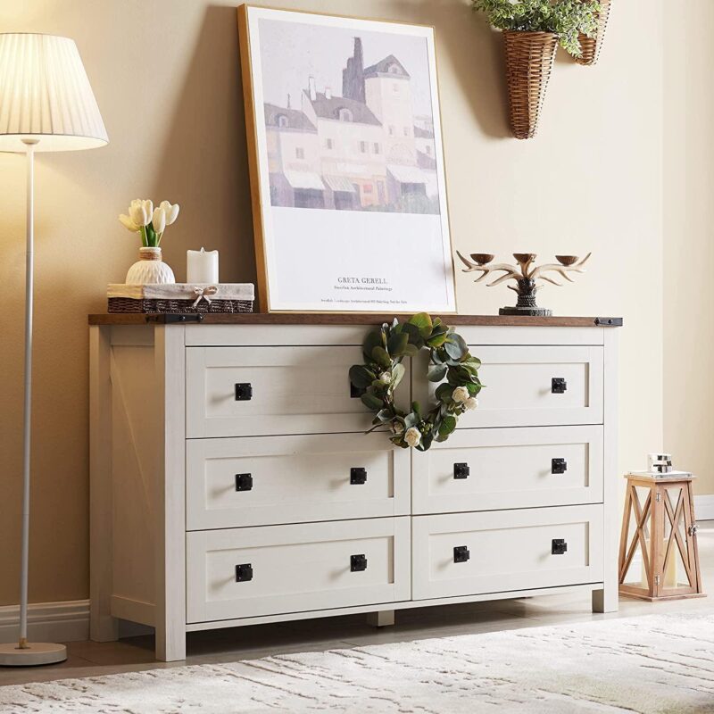 OKD 6 Drawers Dresser Chests for Home Bedroom, Farmhouse Wood Rustic Tall Chest of Drawers, Pull Drawers, off White - Image 2