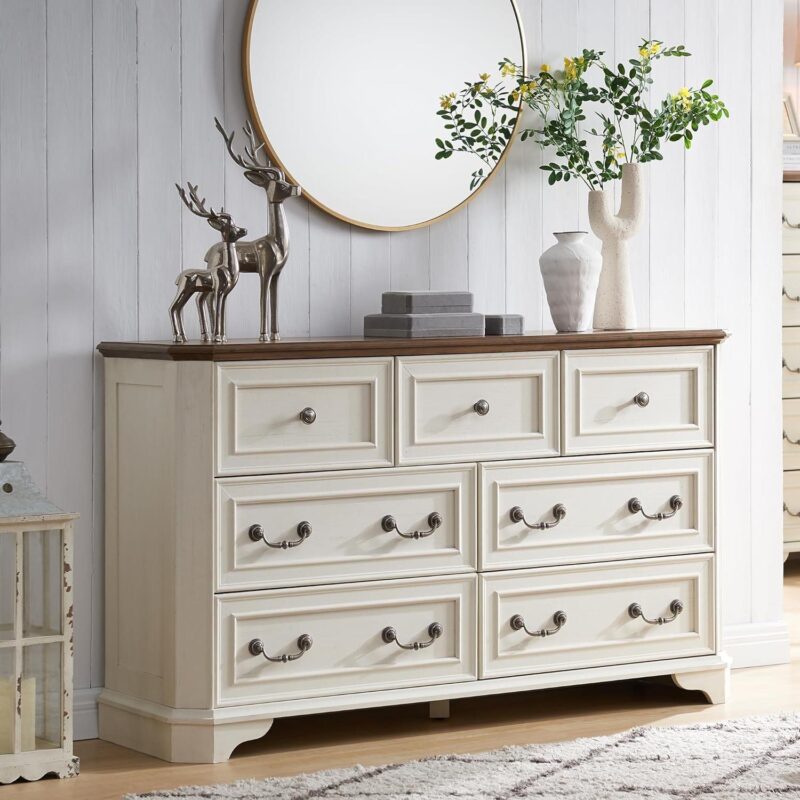 OKD Farmhouse 7 Drawers Dresser Chests for Bedroom, 54  Wide Wood Rustic Tall Chest of Drawers, for Living Room, Hallway,Antique White