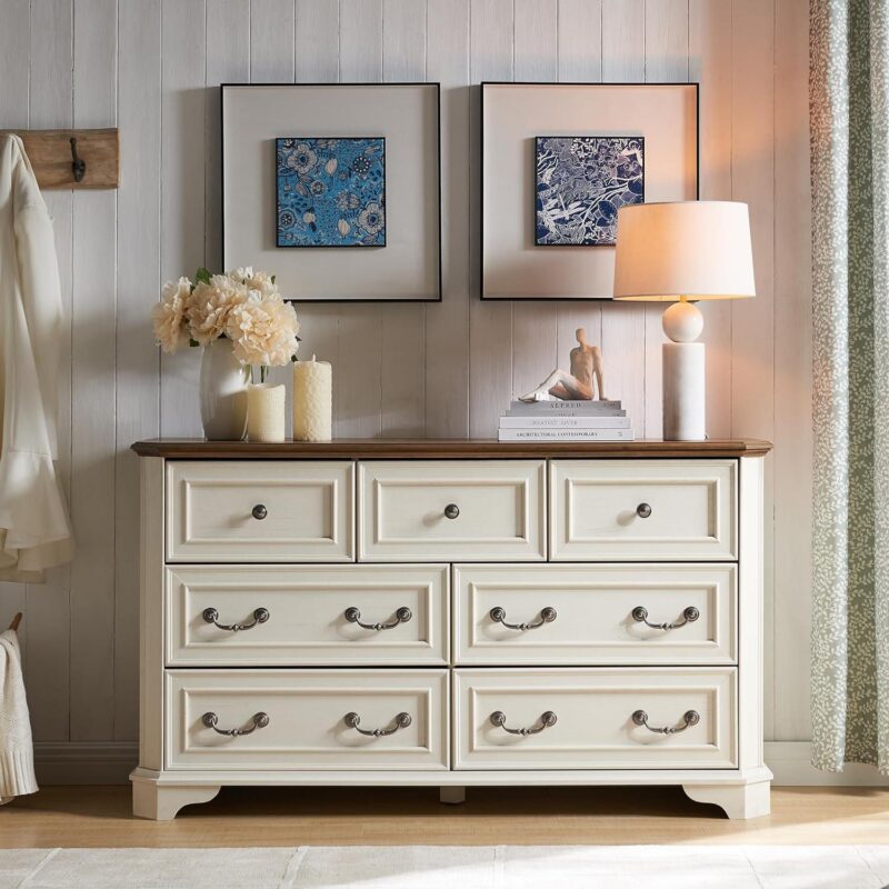 OKD Farmhouse 7 Drawers Dresser Chests for Bedroom, 54  Wide Wood Rustic Tall Chest of Drawers, for Living Room, Hallway,Antique White - Image 4