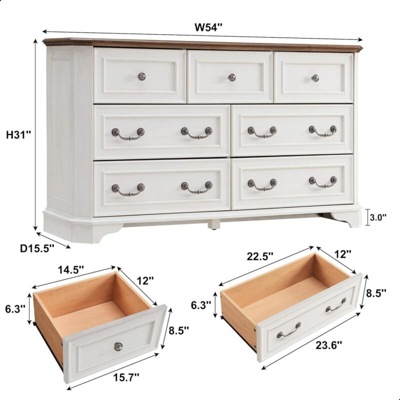 OKD Farmhouse 7 Drawers Dresser Chests for Bedroom, 54  Wide Wood Rustic Tall Chest of Drawers, for Living Room, Hallway,Antique White - Image 5