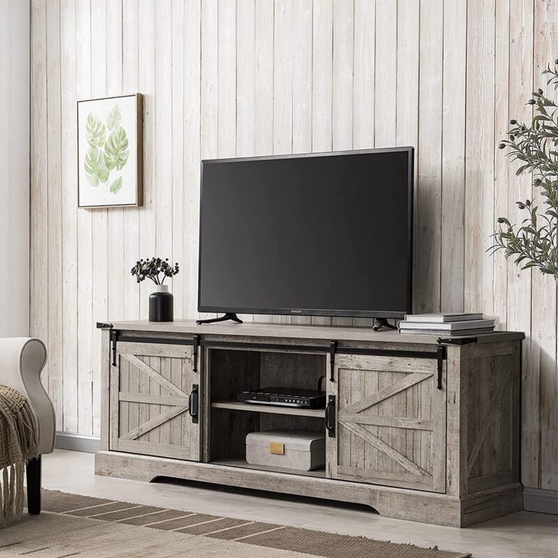 OKD Farmhouse Wood 66  TV Stand with Barn Door for Max 75-inch TV for Living Room, Light Rustic Oak