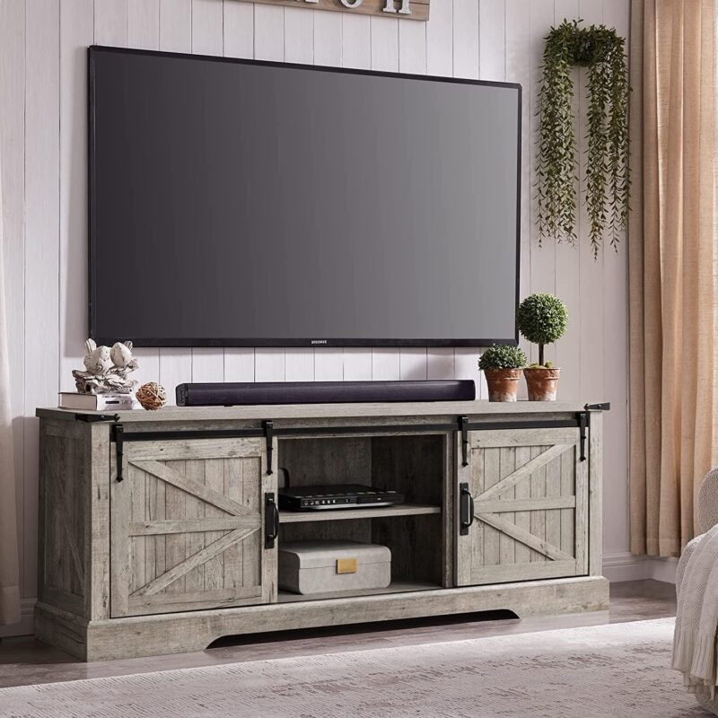 OKD Farmhouse Wood 66  TV Stand with Barn Door for Max 75-inch TV for Living Room, Light Rustic Oak - Image 6