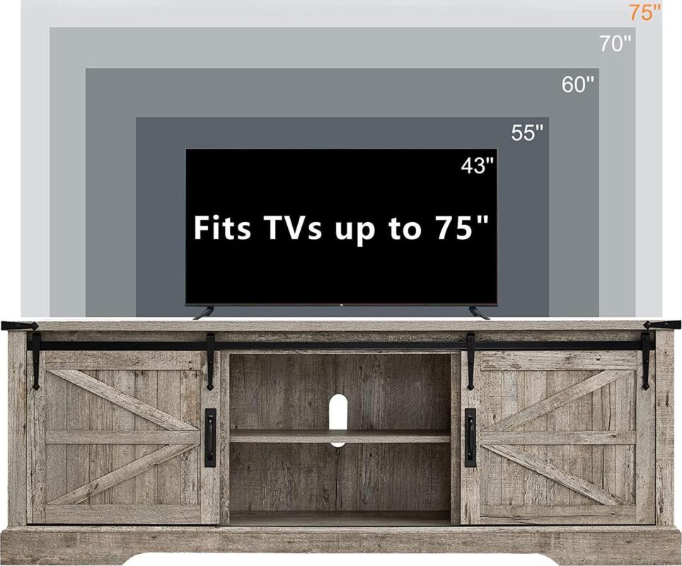 OKD Farmhouse Wood 66  TV Stand with Barn Door for Max 75-inch TV for Living Room, Light Rustic Oak - Image 2