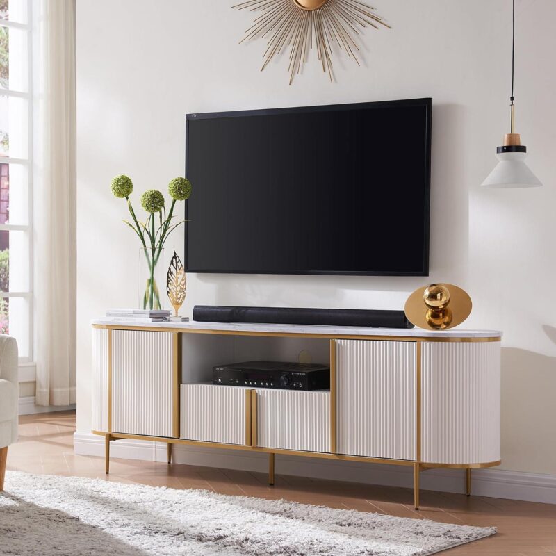 OKD Luxury 70  TV Stand for TVs Up to 80 inches, Media Television Console Table with Storage Cabinets, Modern Entertainment Center for Living Room, Curved Design, White