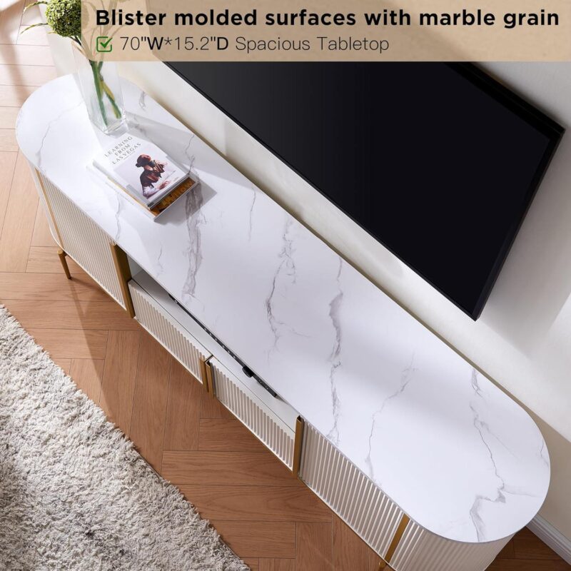 OKD Luxury 70  TV Stand for TVs Up to 80 inches, Media Television Console Table with Storage Cabinets, Modern Entertainment Center for Living Room, Curved Design, White - Image 6