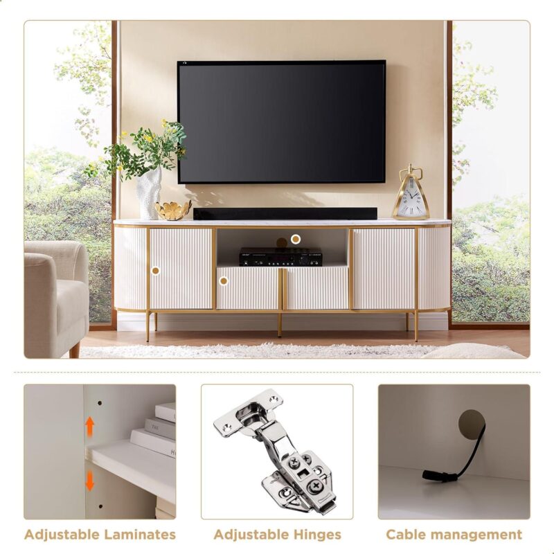 OKD Luxury 70  TV Stand for TVs Up to 80 inches, Media Television Console Table with Storage Cabinets, Modern Entertainment Center for Living Room, Curved Design, White - Image 3