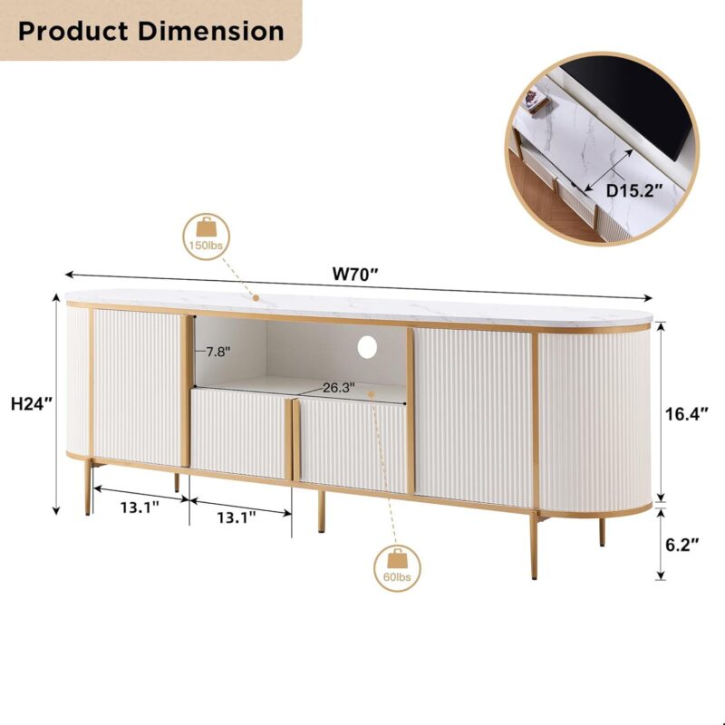 OKD Luxury 70  TV Stand for TVs Up to 80 inches, Media Television Console Table with Storage Cabinets, Modern Entertainment Center for Living Room, Curved Design, White - Image 2