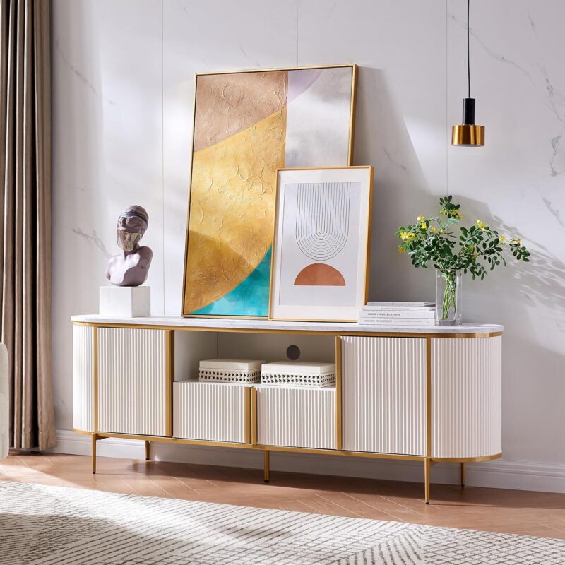 OKD Luxury 70  TV Stand for TVs Up to 80 inches, Media Television Console Table with Storage Cabinets, Modern Entertainment Center for Living Room, Curved Design, White - Image 5