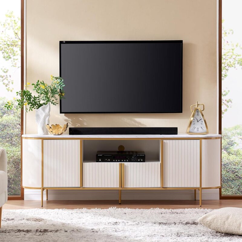 OKD Luxury 70  TV Stand for TVs Up to 80 inches, Media Television Console Table with Storage Cabinets, Modern Entertainment Center for Living Room, Curved Design, White - Image 4