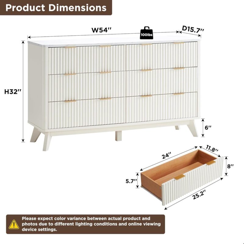 OKD Modern 6 Drawer Double Dresser Furniture with Faux Marble Top, 54'' Wood Storage Side Cabinet Chest of Drawer for Bedroom Living Room, White - Image 5