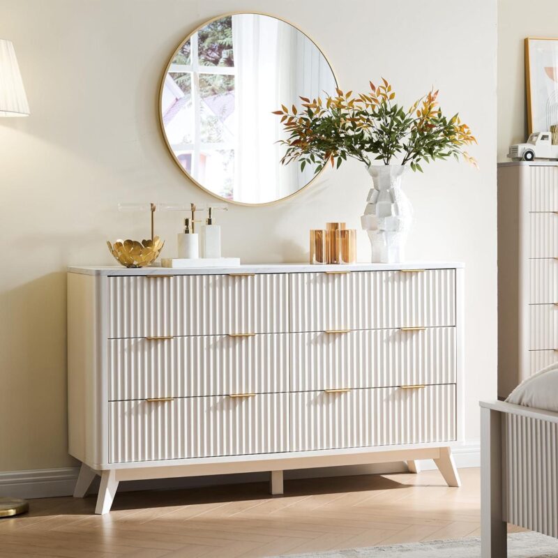 OKD Modern 6 Drawer Double Dresser Furniture with Faux Marble Top, 54'' Wood Storage Side Cabinet Chest of Drawer for Bedroom Living Room, White