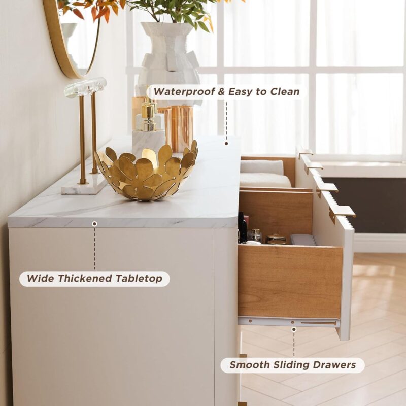 OKD Modern 6 Drawer Double Dresser Furniture with Faux Marble Top, 54'' Wood Storage Side Cabinet Chest of Drawer for Bedroom Living Room, White - Image 4