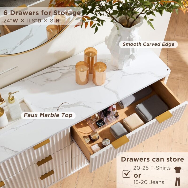 OKD Modern 6 Drawer Double Dresser Furniture with Faux Marble Top, 54'' Wood Storage Side Cabinet Chest of Drawer for Bedroom Living Room, White - Image 6