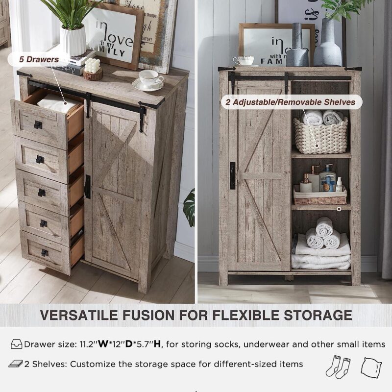 OKD Modern Farmhouse 5-Drawer Dresser with Barn Door, Adjustable Storage Cabinet for Bedroom Living Room, Light Rustic Oak - Image 3