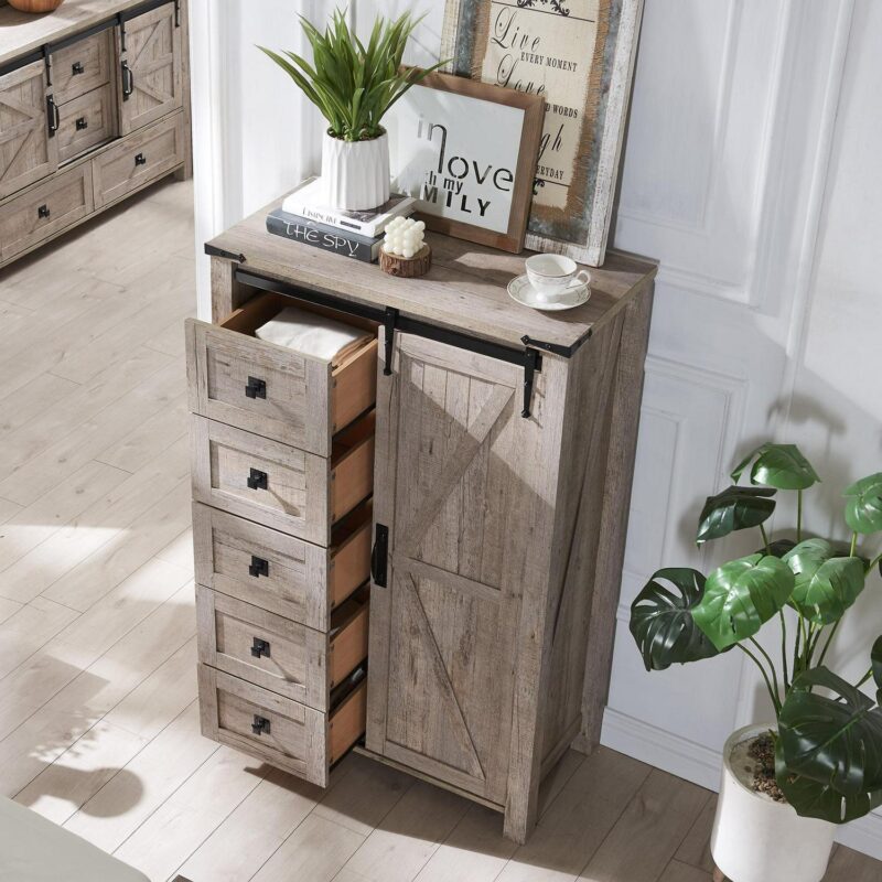 OKD Modern Farmhouse 5-Drawer Dresser with Barn Door, Adjustable Storage Cabinet for Bedroom Living Room, Light Rustic Oak - Image 4