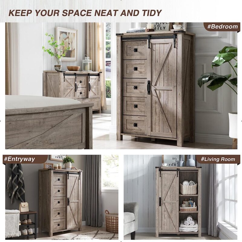 OKD Modern Farmhouse 5-Drawer Dresser with Barn Door, Adjustable Storage Cabinet for Bedroom Living Room, Light Rustic Oak - Image 5
