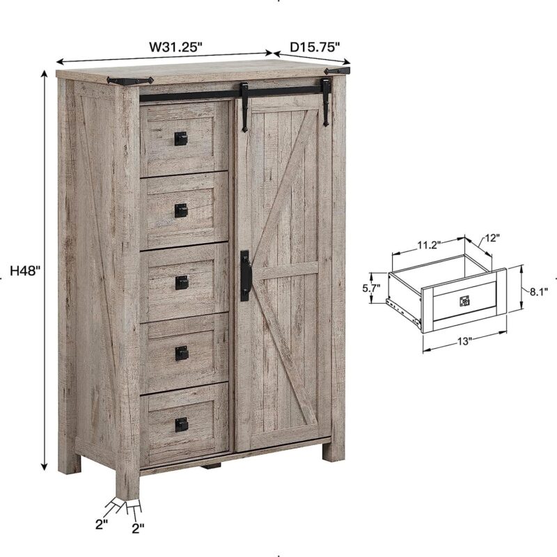 OKD Modern Farmhouse 5-Drawer Dresser with Barn Door, Adjustable Storage Cabinet for Bedroom Living Room, Light Rustic Oak - Image 7