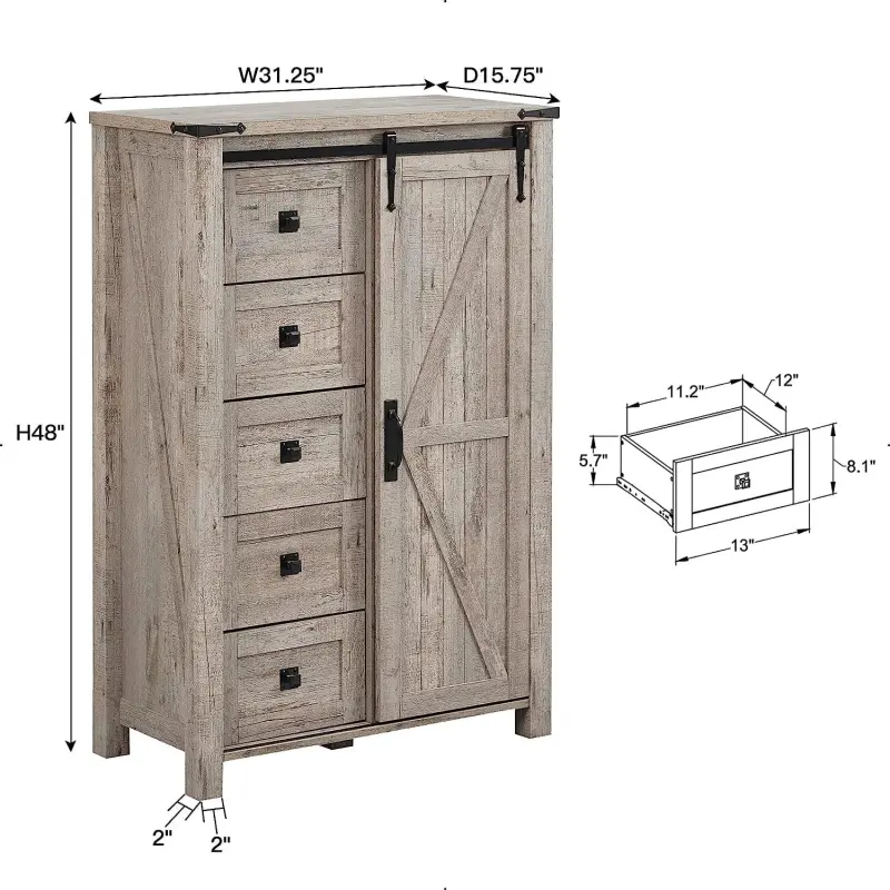 OKD Modern Farmhouse 5-Drawer Dresser with Barn Door, Adjustable Storage Cabinet for Bedroom Living Room, Light Rustic Oak - Image 7