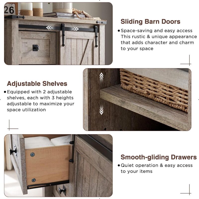 OKD Modern Farmhouse 5-Drawer Dresser with Barn Door, Adjustable Storage Cabinet for Bedroom Living Room, Light Rustic Oak - Image 6