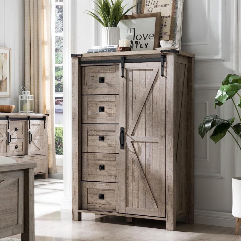 OKD Modern Farmhouse 5-Drawer Dresser with Barn Door, Adjustable Storage Cabinet for Bedroom Living Room, Light Rustic Oak