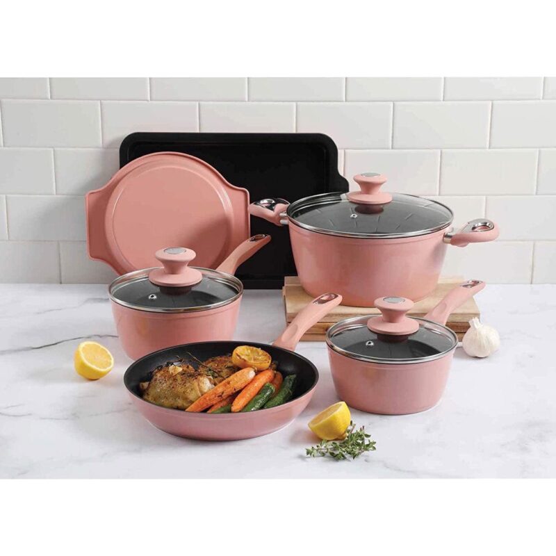Oster 12 Piece Aluminum Non Stick Home Frying Pot and Pan Cookware Set, Dusty Rose - Image 4