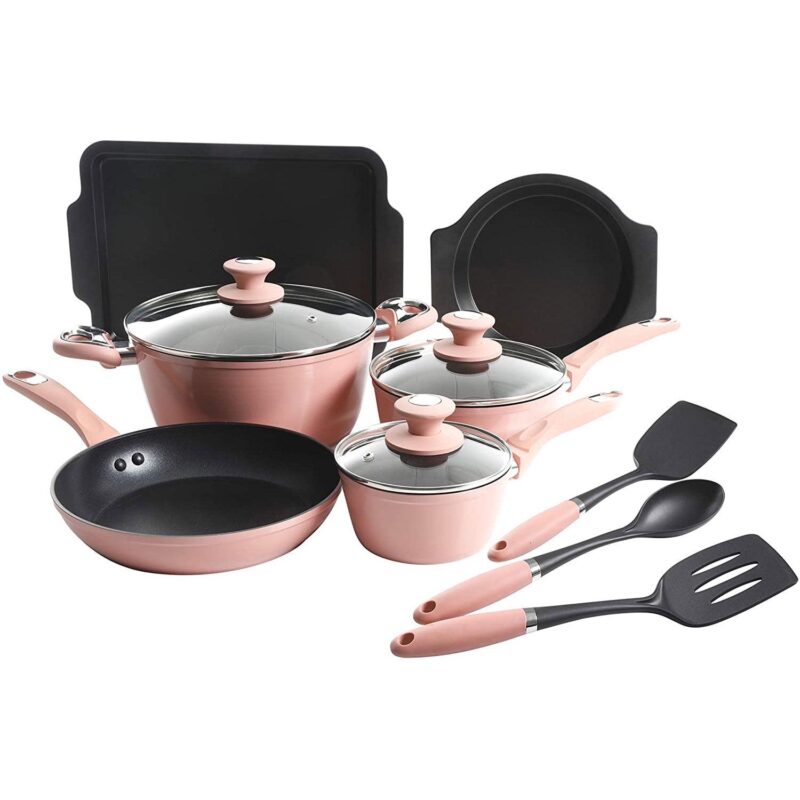 Oster 12 Piece Aluminum Non Stick Home Frying Pot and Pan Cookware Set, Dusty Rose